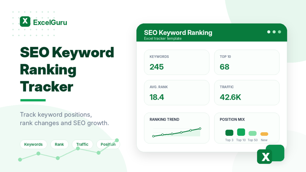 Download a seo keyword ranking tracker Excel template with formulas, dashboard, sample data, and a simple how-to guide.