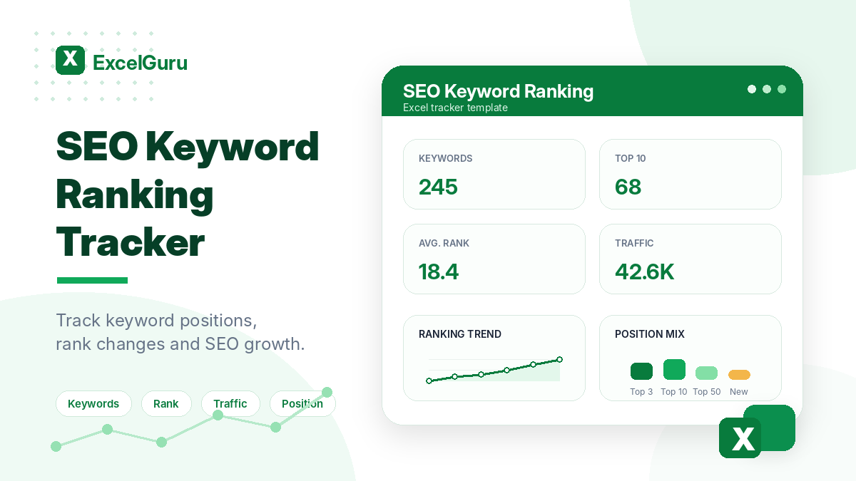 Download a seo keyword ranking tracker Excel template with formulas, dashboard, sample data, and a simple how-to guide.
