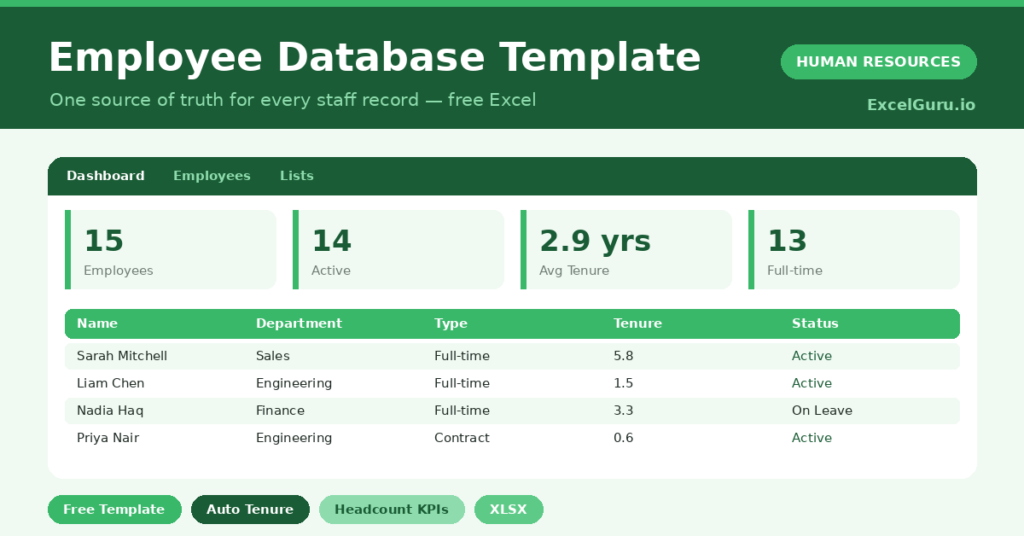 employee database that stores staff records and calculates tenure and headcount automatically.