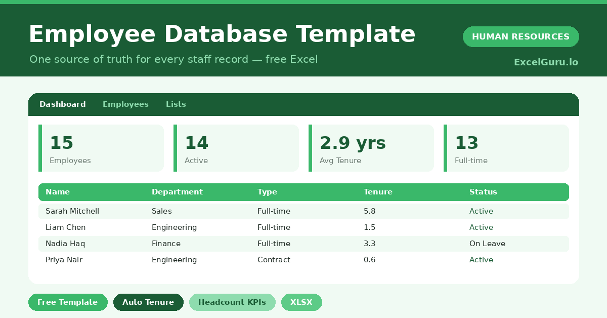 employee database that stores staff records and calculates tenure and headcount automatically.