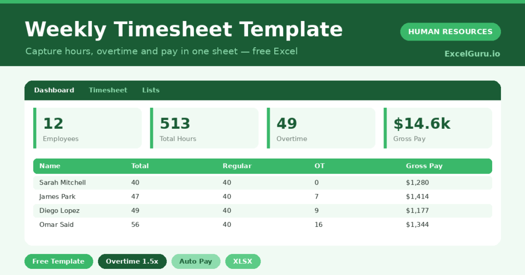 weekly timesheet that calculates total hours, overtime and gross pay from daily entries.