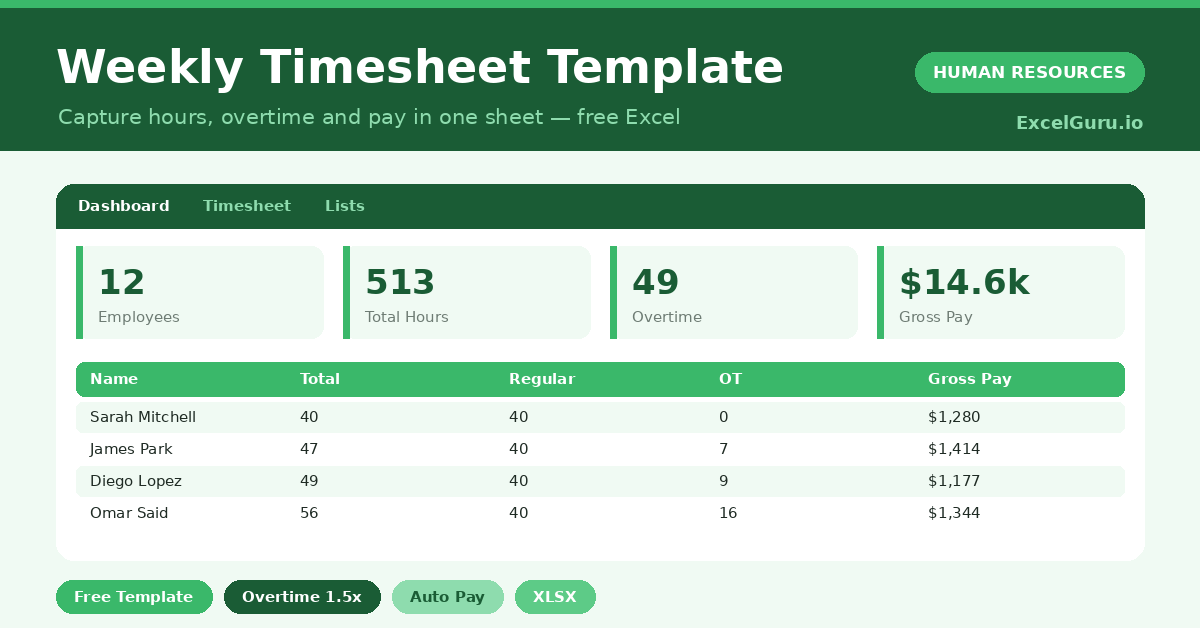 weekly timesheet that calculates total hours, overtime and gross pay from daily entries.