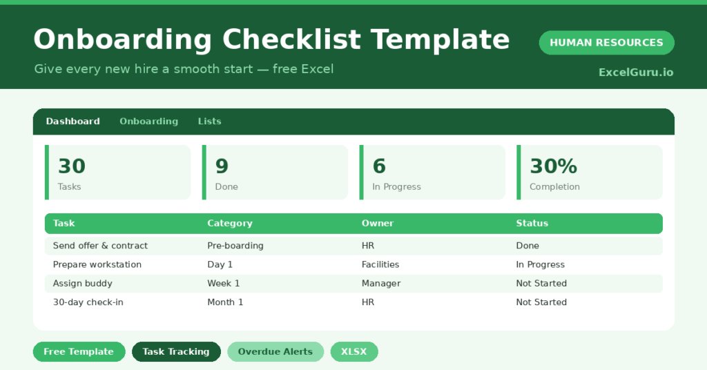 onboarding checklist that tracks new-hire tasks by stage and owner and flags overdue items