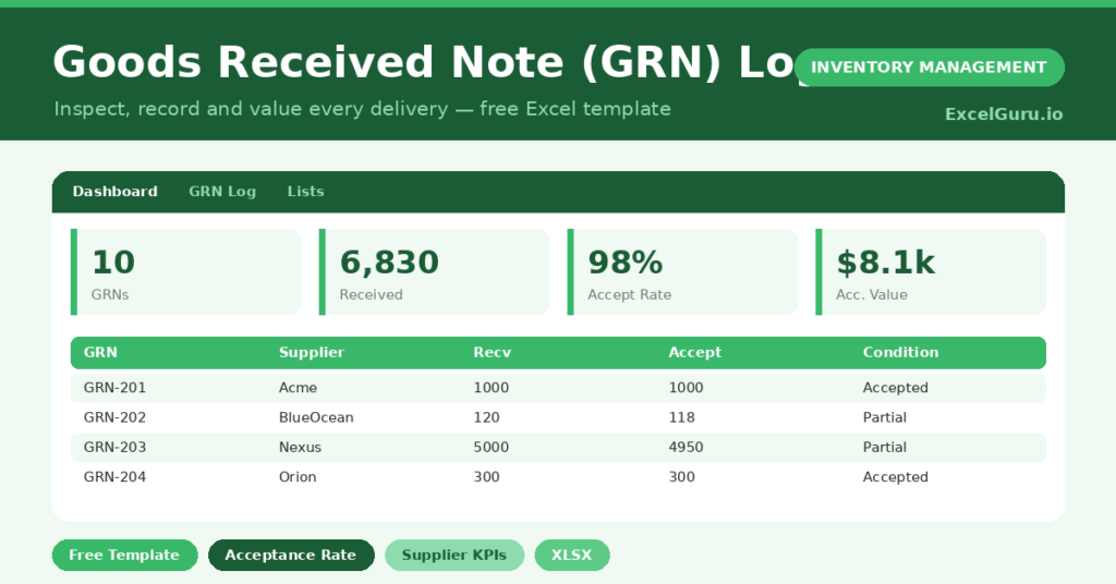 A free Excel GRN log to record, inspect and value every delivery against its purchase order.
