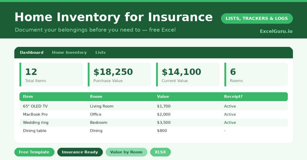 home inventory template for insurance. Record your belongings with purchase prices and values, total your possessions, and keep the proof your insurer will ask for.