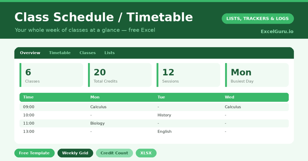class schedule that lays your whole week of classes on one clear timetable and shows where your time really goes.