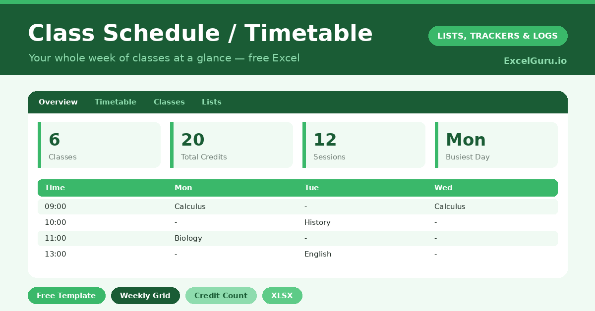 class schedule that lays your whole week of classes on one clear timetable and shows where your time really goes.