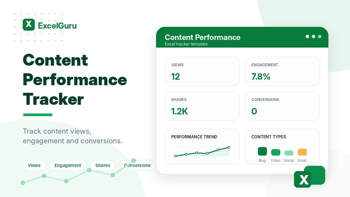 Backlink Tracker Excel template preview with KPI cards for total links, live links, domain rating, and referring domains in a clean green ExcelGuru-style design.