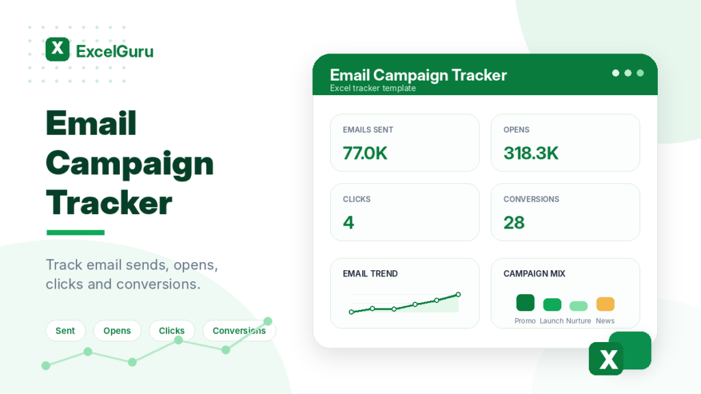 Email Campaign Tracker Excel template preview with KPI cards for emails sent, opens, clicks, and conversions in a clean green ExcelGuru-style design.