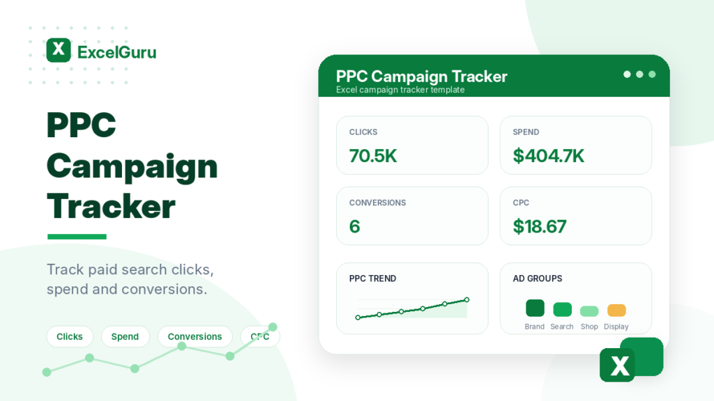 PPC Campaign Tracker Excel template preview with KPI cards for clicks, spend, conversions, and CPC in a clean green ExcelGuru-style design.