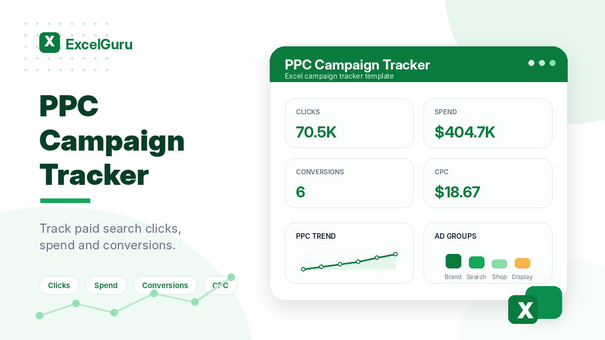 PPC Campaign Tracker Excel template preview with KPI cards for clicks, spend, conversions, and CPC in a clean green ExcelGuru-style design.