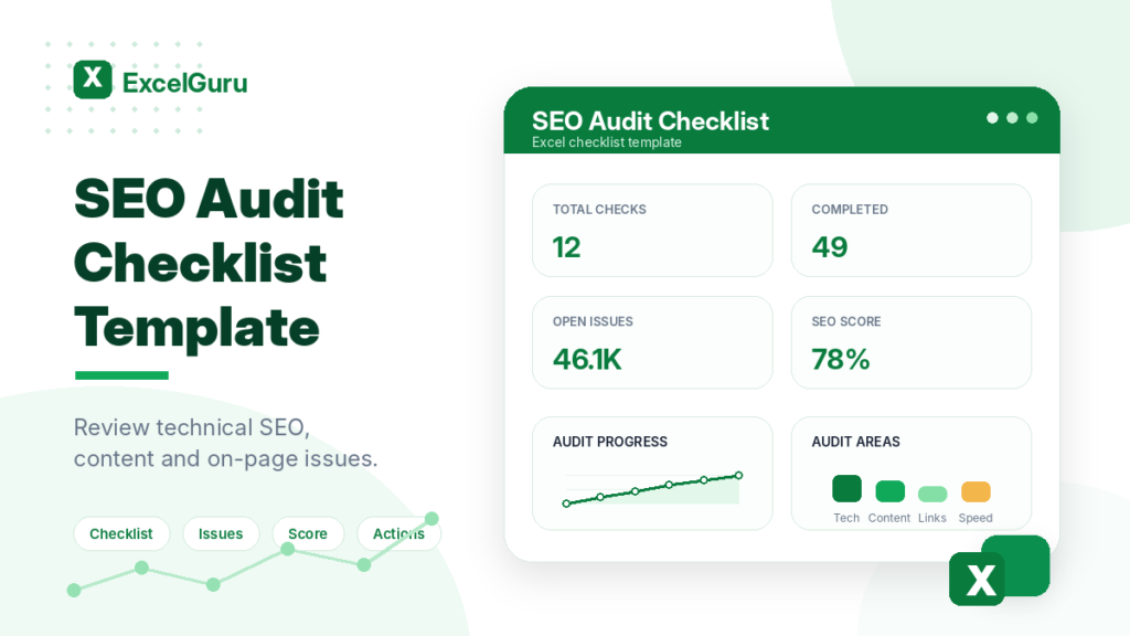 SEO Audit Checklist Excel template preview with KPI cards for total checks, completed items, open issues, and SEO score in a clean green ExcelGuru-style design.