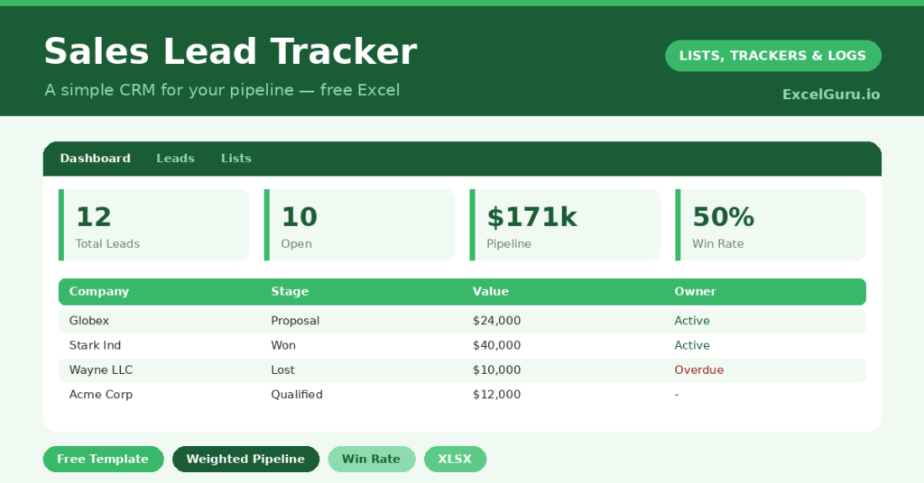 Sales Lead Tracker Excel Template for tracking leads contacts sources follow-ups deal stages and sales pipeline status