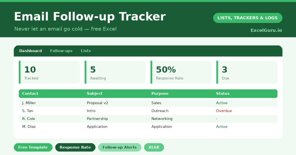 Email Follow-Up Tracker Excel Template for tracking sent emails recipients follow-up dates response status and communication notes