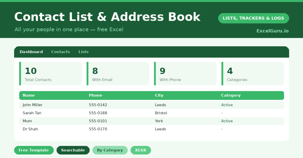 Contact List and Address Book Excel Template for tracking names phone numbers emails addresses categories and contact details