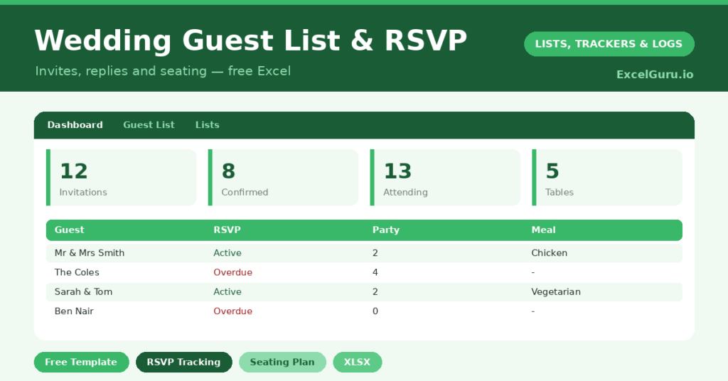 Wedding Guest List RSVP Excel Template for tracking guests invitations RSVP status meal choices plus-ones and seating notes
