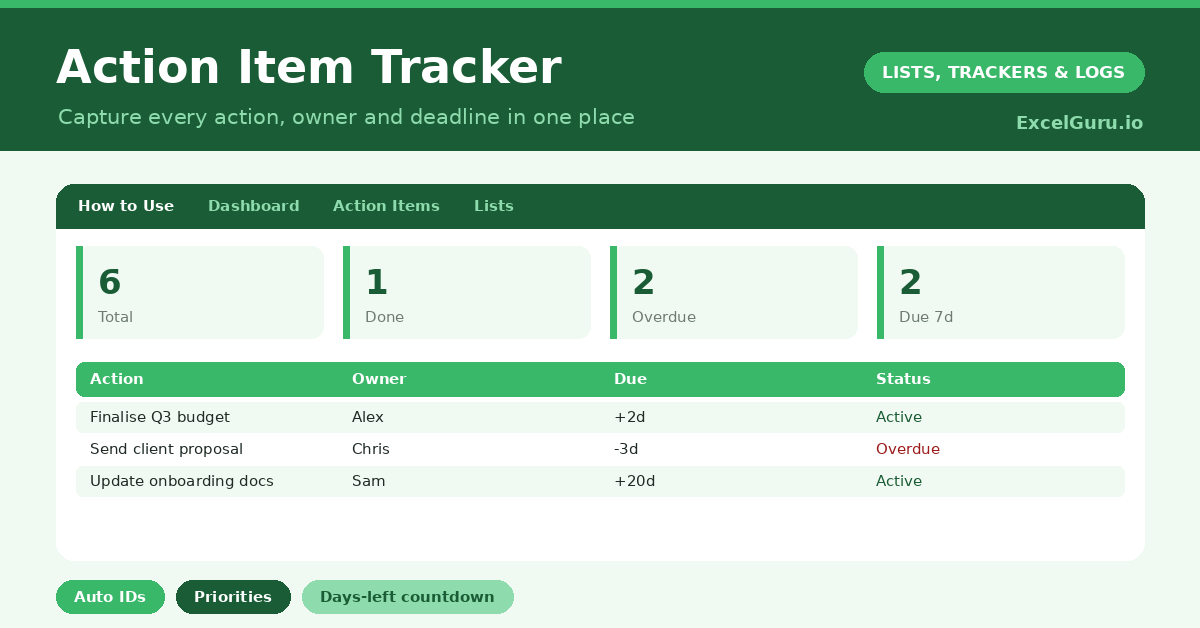 Action Item Log Excel Template for tracking tasks owners priorities due dates status notes and follow-up actions