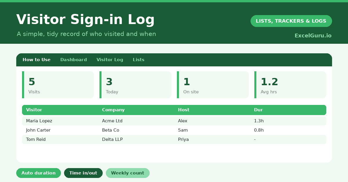 Visitor Sign-In Log Excel Template for tracking visitor names check-in times purpose of visit host details and signatures