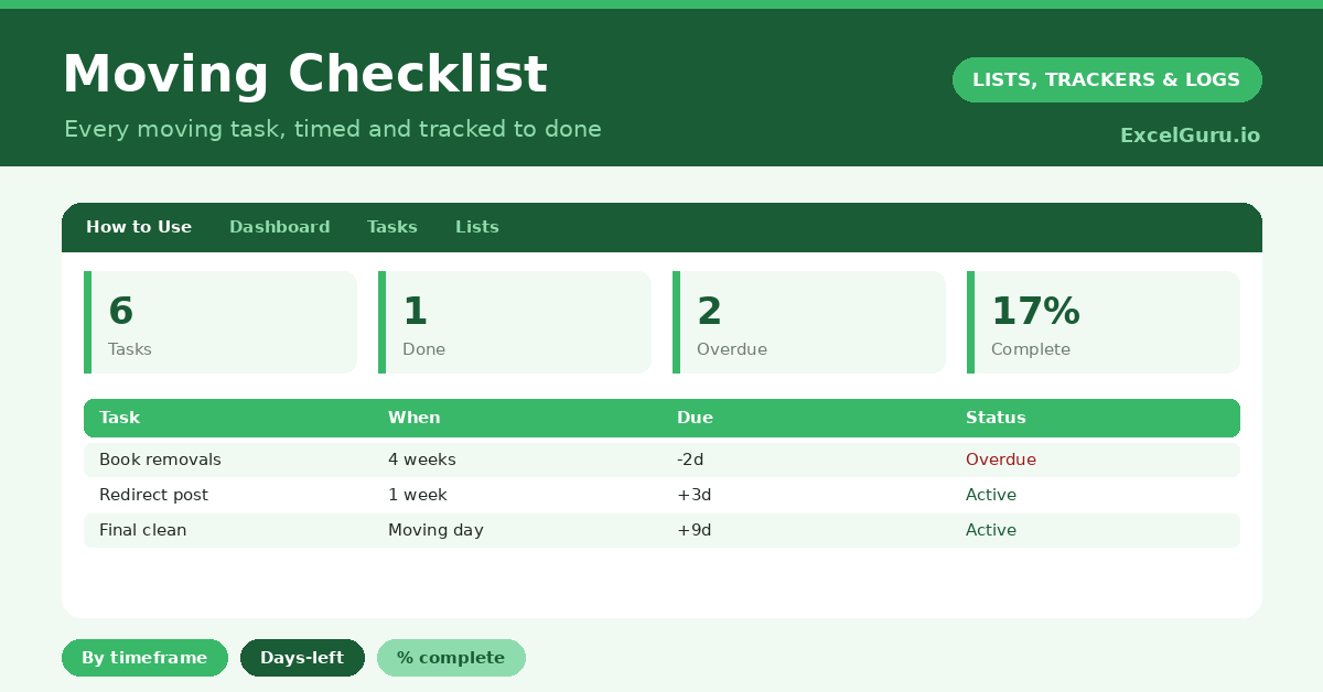 Moving Checklist Excel Template for tracking packing tasks deadlines movers utilities addresses expenses and moving-day notes