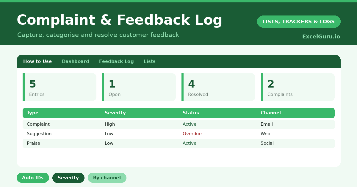 Complaint Feedback Log Excel Template for tracking customer complaints feedback resolutions assigned owners status and follow-up actions