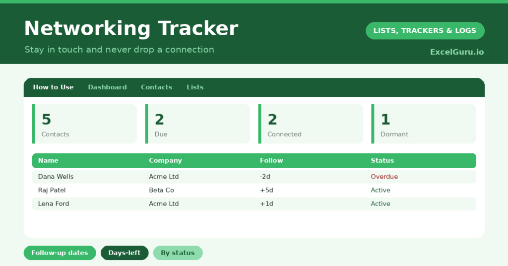 Networking Tracker Excel Template for tracking professional contacts networking events follow-ups companies relationships and notes