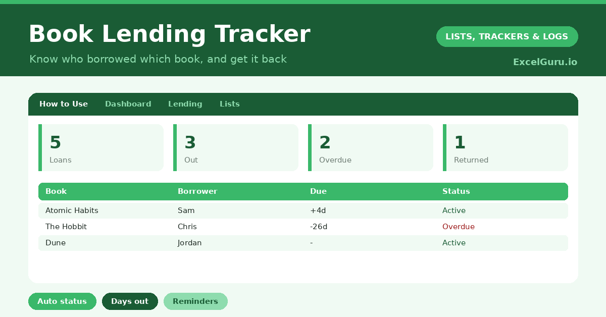 Book Lending Tracker Excel Template for tracking borrowed books borrowers lending dates return dates status and reminders