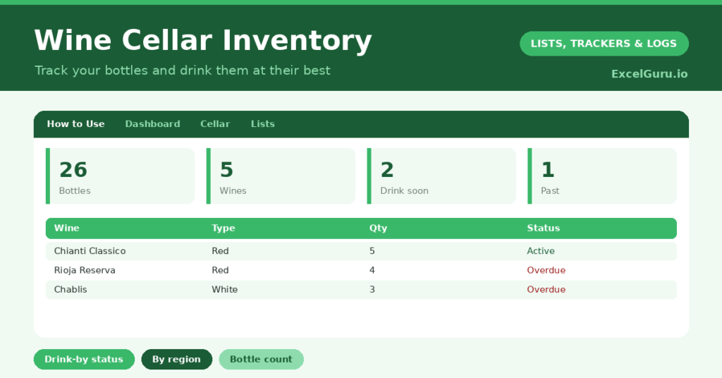 Wine Cellar Inventory Excel Template for tracking wine collections vintages bottle quantities storage locations values and tasting notes