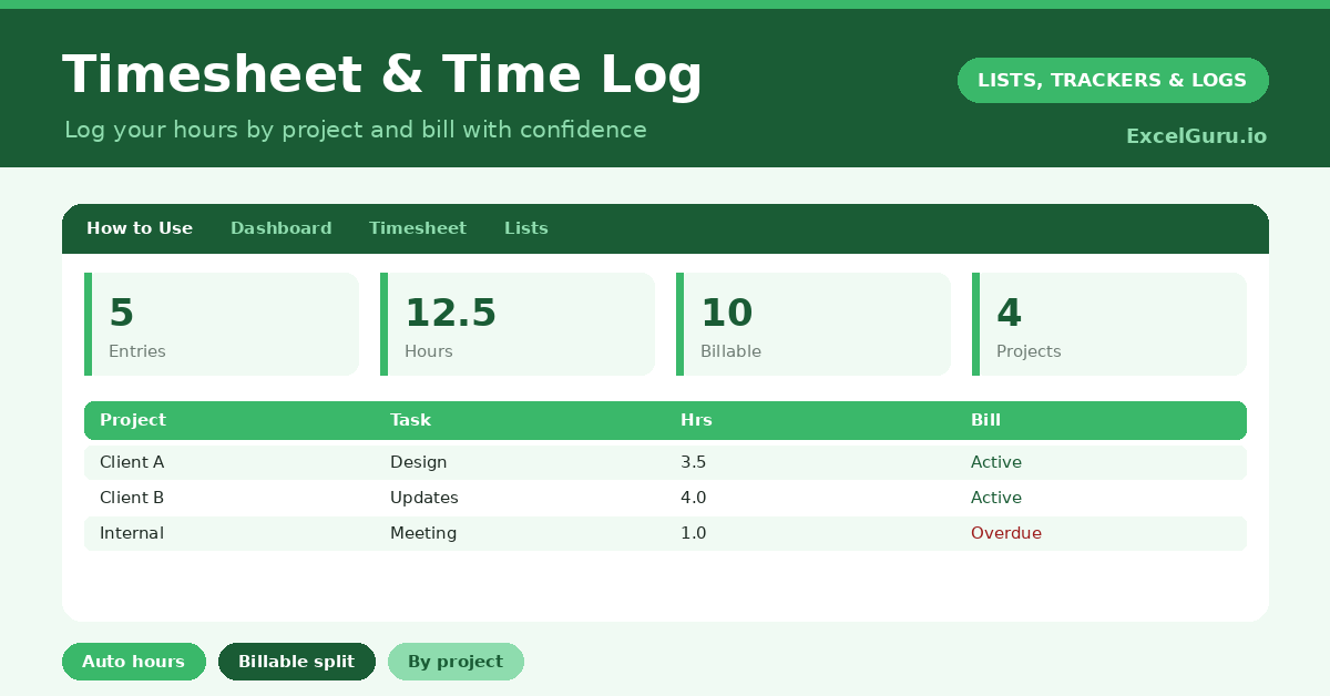 Timesheet and Time Log Excel Template for tracking work hours projects tasks overtime billable hours and employee attendance