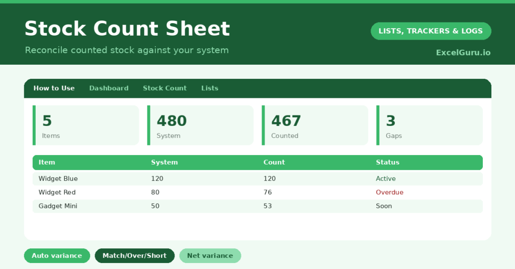 Stock Count Sheet Excel Template for recording physical inventory counts stock variances item quantities locations and stock audit results