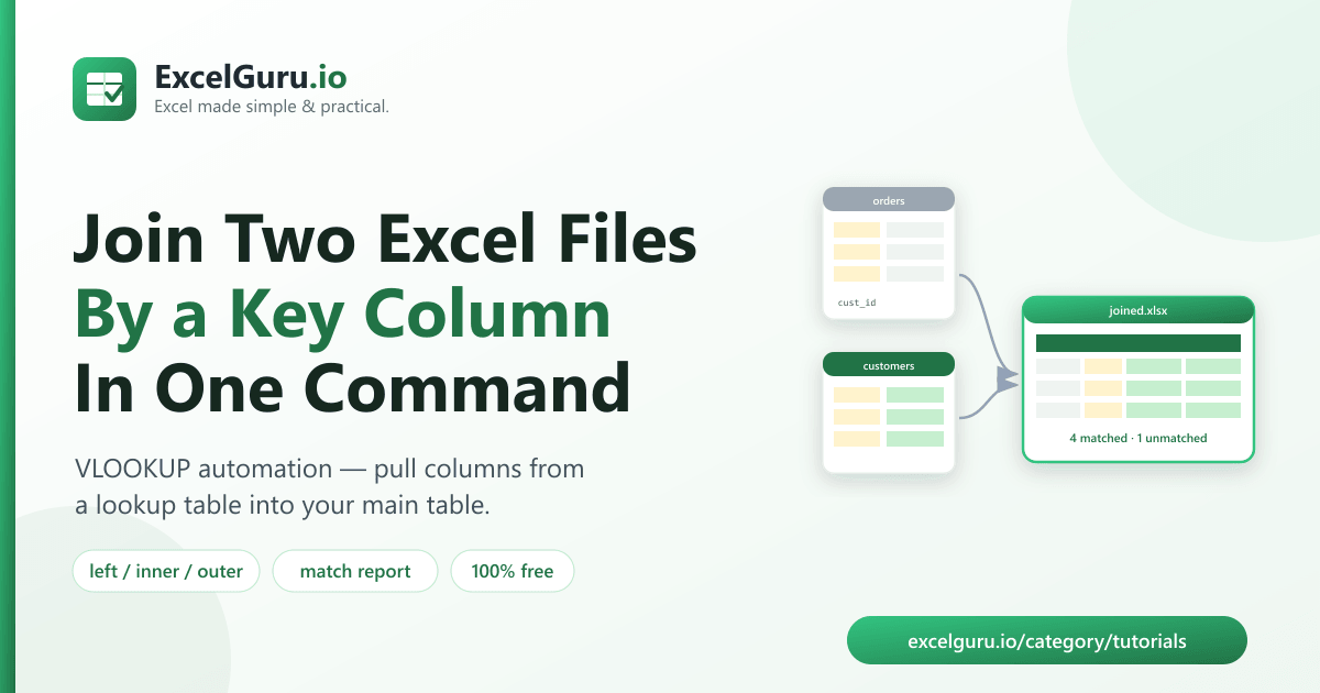 Join two Excel files by a key column with Python tutorial showing pandas merge VLOOKUP XLOOKUP style joins and Excel automation