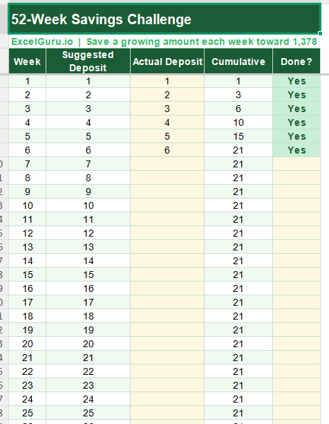 52 Weeks Saving Challenge Tracker