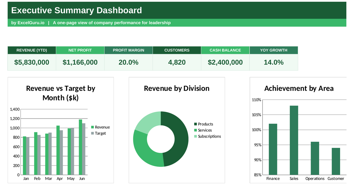Executive Summary Dashboard Excel Template for monitoring KPIs financial results business performance trends targets and key metrics
