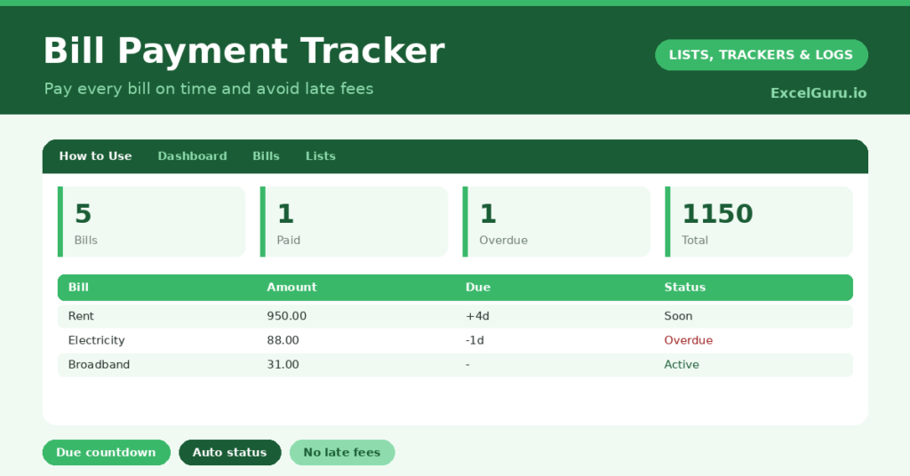 Bill Payment Tracker Excel Template for tracking bills due dates payment status amounts reminders and monthly expenses