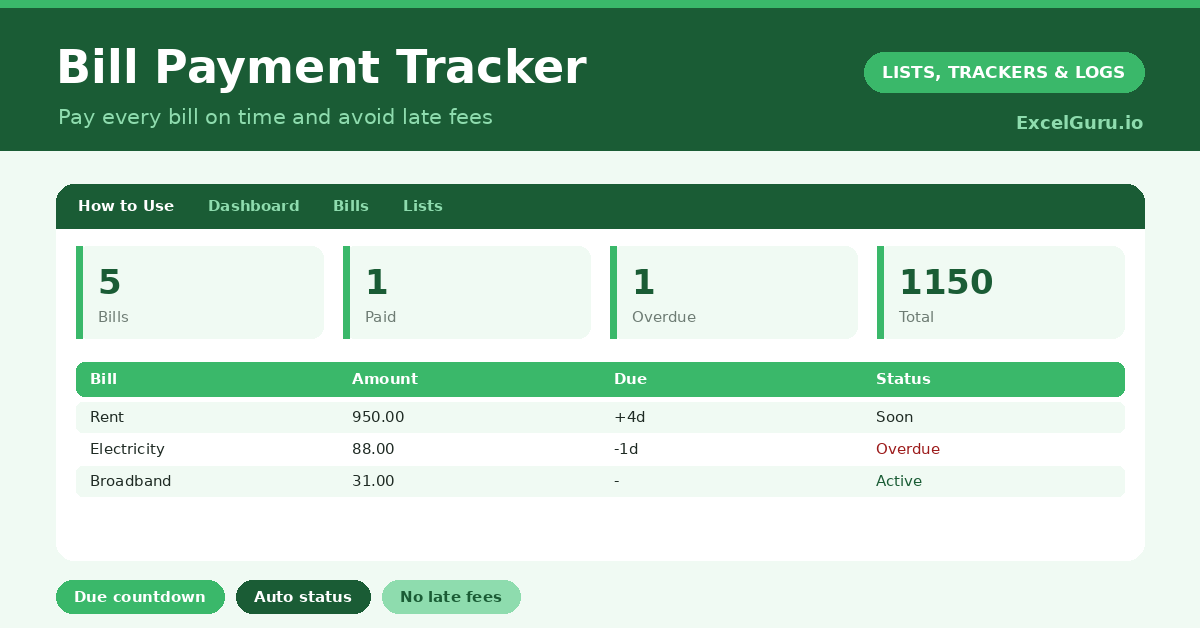Bill Payment Tracker Excel Template for tracking bills due dates payment status amounts reminders and monthly expenses