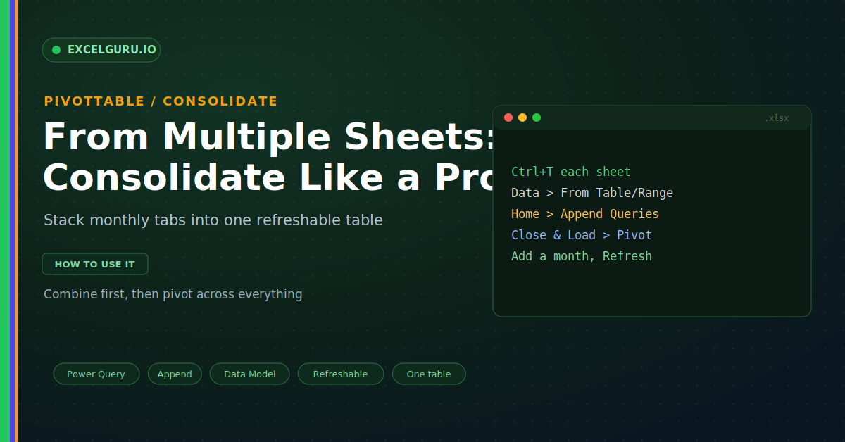 PivotTable from multiple sheets in Excel tutorial showing combined data summarized for consolidated analysis and reporting