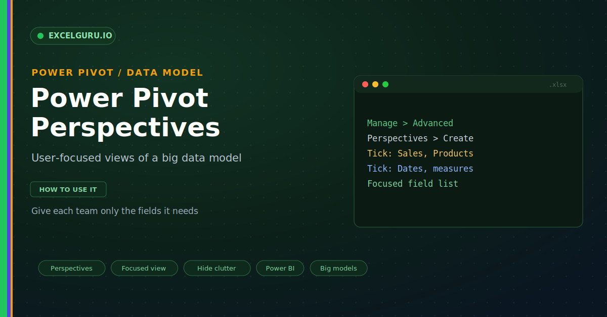 Power Pivot Perspectives in Excel tutorial showing user focused data model views tables columns measures and reporting fields