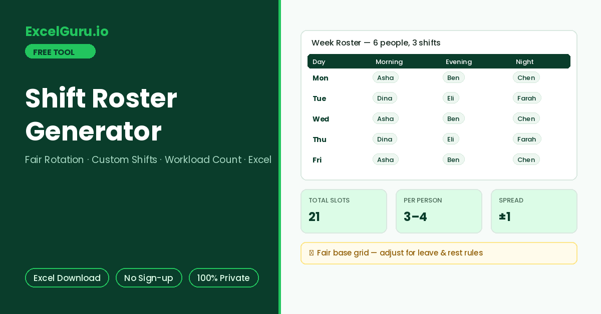 Shift Roster Generator for creating employee shift schedules organizing teams working days and roster assignments