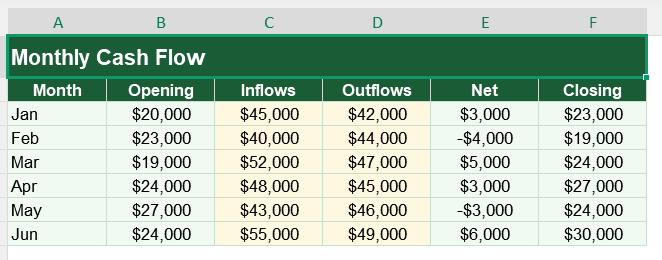Monthly Tracking of Cashflow for visualization