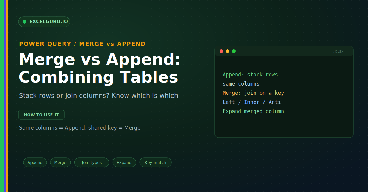 Merge vs Append in Power Query Excel tutorial showing table joins row combinations and data transformation