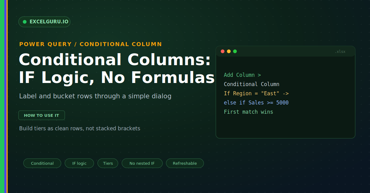 Power Query Conditional Columns Excel tutorial showing rules and logic for transforming and categorizing data